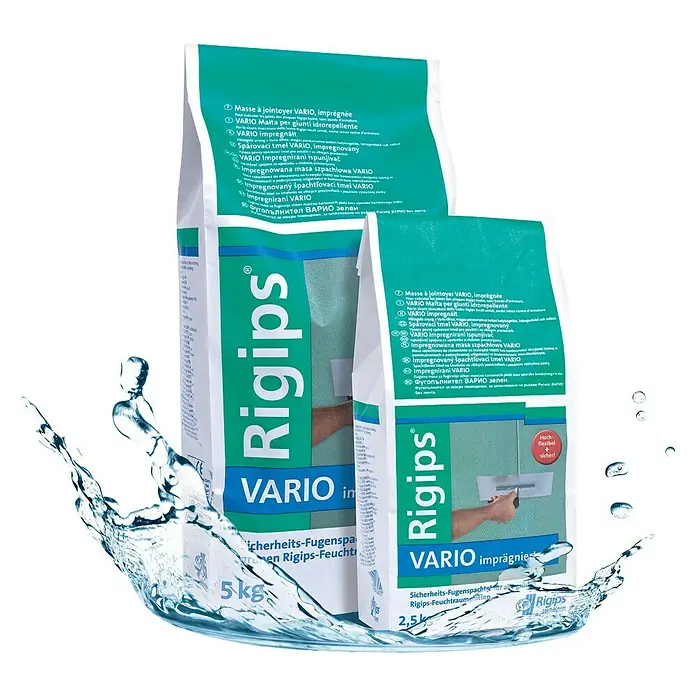 Rigips VARIO Fugenspachtel - 2,5 kg, Imprägniert - Rigips VARIO Fugenfüller, wasserabweisend, in 5kg und 2,5kg Packungen. Ideal für feuchte Umgebungen, hoch flexibel und sicher.
