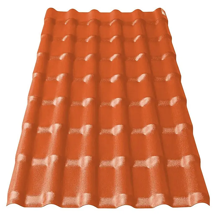 Odem Placa de cubierta Valencia - 219 x 104 cm, Terracota - Primer plano de una lámina de techo corrugada naranja con un acabado brillante para techos y edificios.