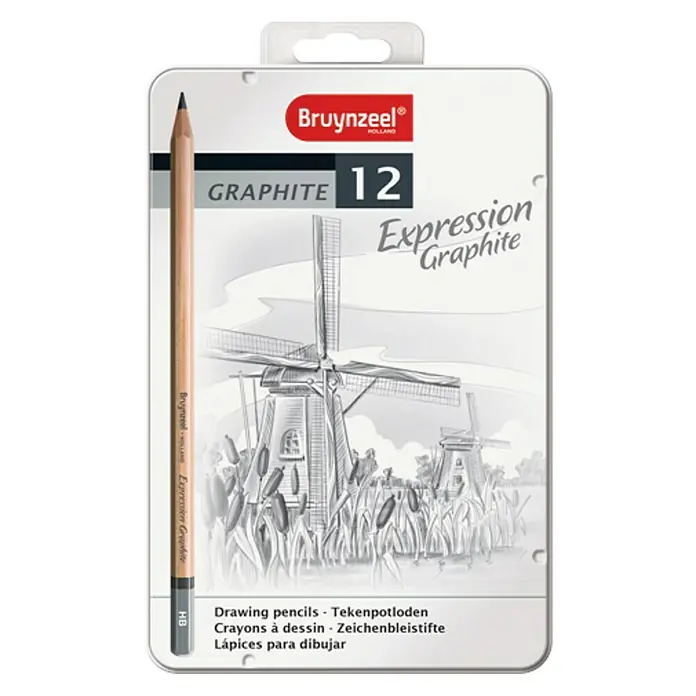 Talens Bruynzeel Set de lápices de grafito Expression - 12 pzs., Gris - Paquete de lápices de dibujo Bruynzeel Expression Graphite con 12 piezas y un lápiz que se muestra junto al paquete.