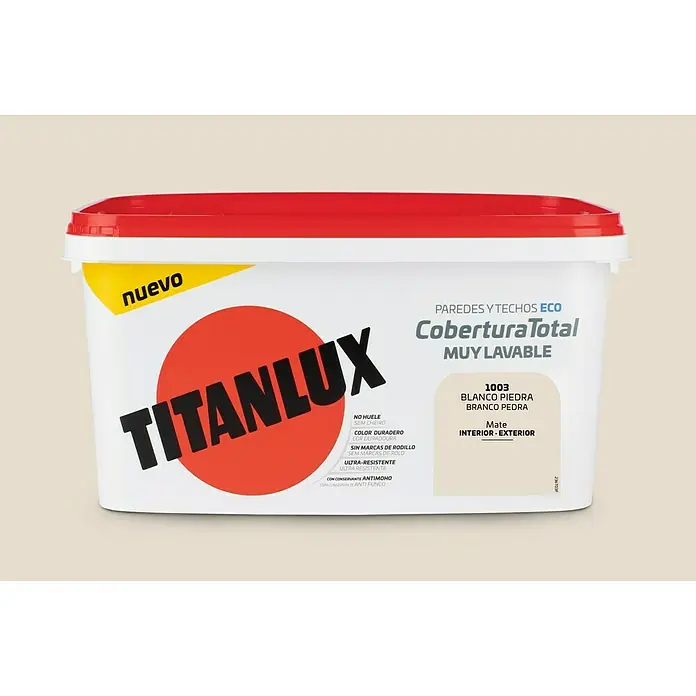 Titan Pintura para paredes Cobertura total - Blanco piedra, Mate, 4 l - Titanlux Cobertura Total: Pintura ecológica muy lavable blanco piedra para interiores y exteriores. Ideal para paredes y techos.