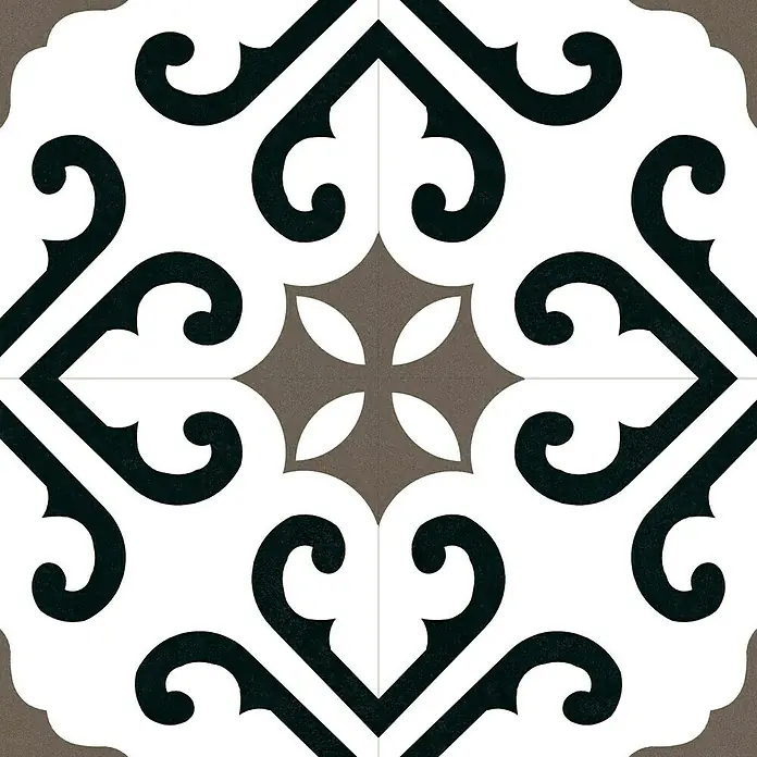 Halcón Pavimento porcelánico hidráulico Derby - 45 x 45 cm, Blanco/Negro/Marrón, Mate, Rectificado, 7 ud. - Primer plano de un elegante diseño de baldosas con motivos florales y geométricos en negro, blanco y gris, ideal para pisos y paredes.