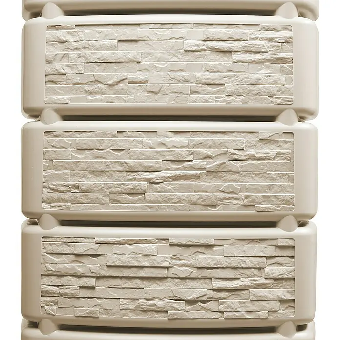 4rain Regenspeicher Slim Stone - 350 l, Sandbeige, 1 Stk. - Nahaufnahme einer dreistöckigen Aufbewahrungseinheit mit einer Steinmuster-Front.