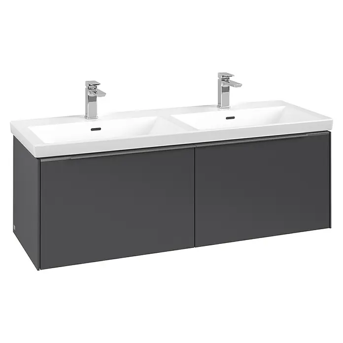Villeroy & Boch Subway 3.0 Waschbeckenunterschrank - Graphite, Anzahl Schubladen: 2 Stk., Farbe Griff: Aluminium glänzend, B x T x H: 127,2 x 47,8 x 42,9 cm, Ohne Beleuchtung, Geeignet für Doppelwaschtisch - Dunkelgrauer Doppelwaschtischunterschrank mit weißen Keramikbecken und Chromarmaturen.
