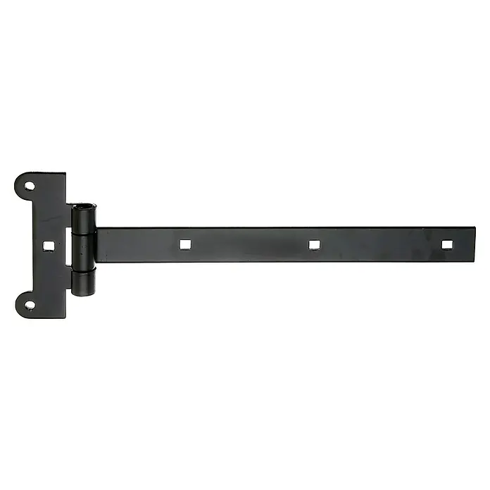 Stabilit Kreuzgehänge - L x B: 291 x 115 mm, Stahl, Schwarz - Schwarzes T-Band aus Metall für Tore oder Türen, mit langem Band und quadratischen Schraubenlöchern.