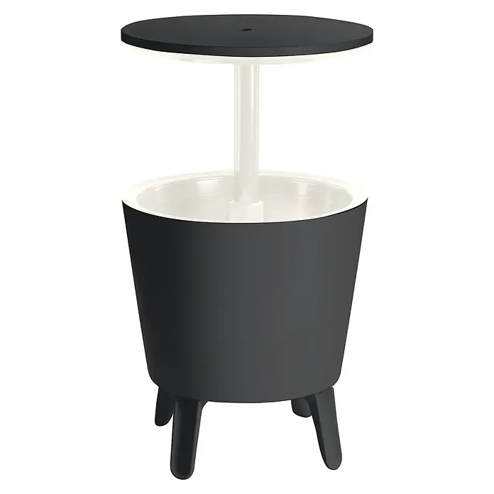 Keter Nevera Cool Bar - L x An x Al: 49,5 x 49,5 x 84,5 cm, Grafito/Blanco - Imagen de una elegante mesa de bar gris para exteriores con nevera y una mesa redonda negra. Perfecto para reuniones al aire libre.