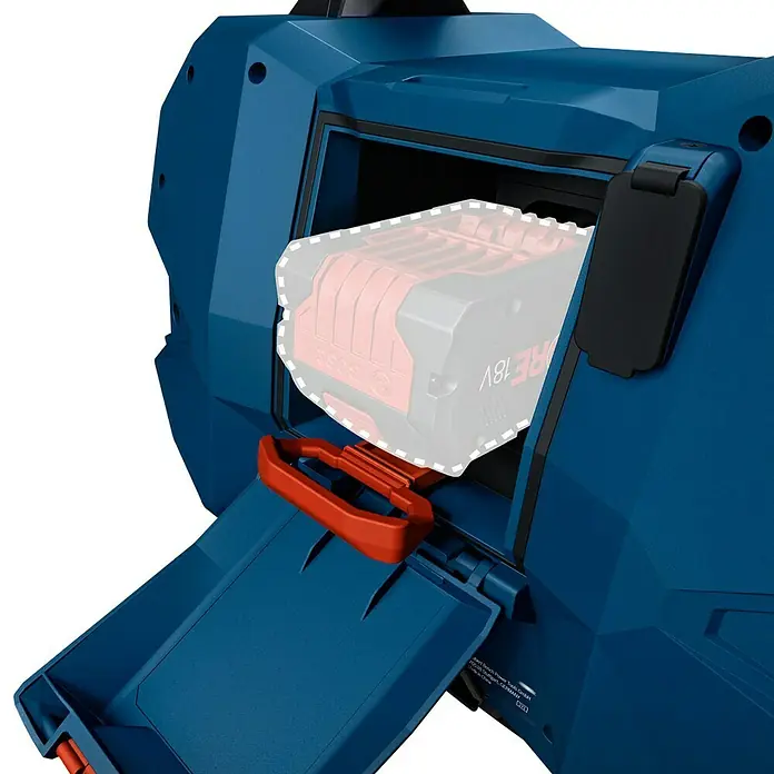 Bosch Professional AMPShare 18V Bluetooth-Lautsprecher GPB 18V-6 C - 18 V, Ohne Akku - Blaues Elektrowerkzeug mit geöffnetem Batteriefach, das einen roten Akku und eine orangefarbene Verriegelung zeigt.