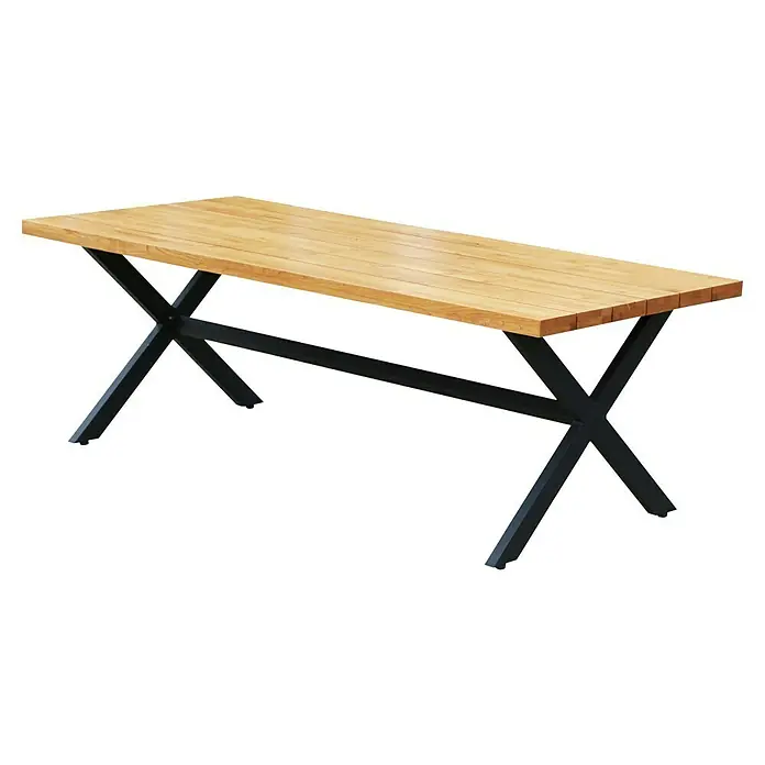 Gartentisch - L x B x H: 220 x 100 x 76 cm, Aluminium, Robinie, Rechteckig, Naturbraun/Schwarz - Elegantes rechteckiges Esstisch mit einer hellen Holzplatte und einem schwarzen Metallgestell im X-Design.