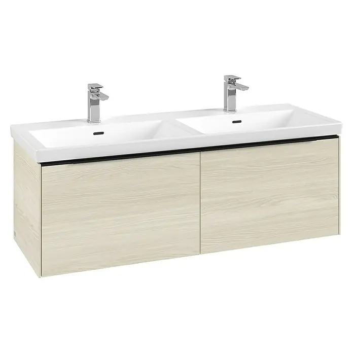 Villeroy & Boch Subway 3.0 Waschbeckenunterschrank - White Oak, Anzahl Schubladen: 2 Stk., Farbe Griff: Volcano Black, B x T x H: 127,2 x 47,8 x 42,9 cm, Ohne Beleuchtung, Geeignet für Doppelwaschtisch - Doppelter Waschtischunterschrank mit weißen Keramikwaschbecken, Chromarmaturen und hellem Holzdesign.
