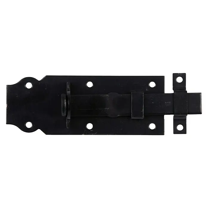 Stabilit Schlossriegel - L x B: 120 x 44 mm, Stahl, Verzinkt - Ein schwarzer Schiebebolzen aus Metall für Tore oder Türen.