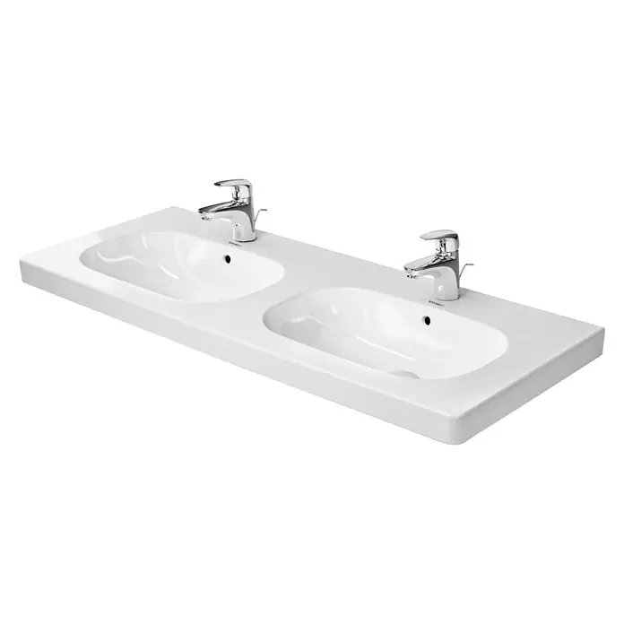 Duravit D-Code Doppelwaschtisch - 120 x 49 cm, Ohne Spezialglasur, Hahnloch: Mitte, Mit Überlauf, Weiß - Doppelwaschtisch mit zwei Becken und modernen Armaturen für ein elegantes Badezimmerdesign. Ideal für den stilvollen Haushalt.