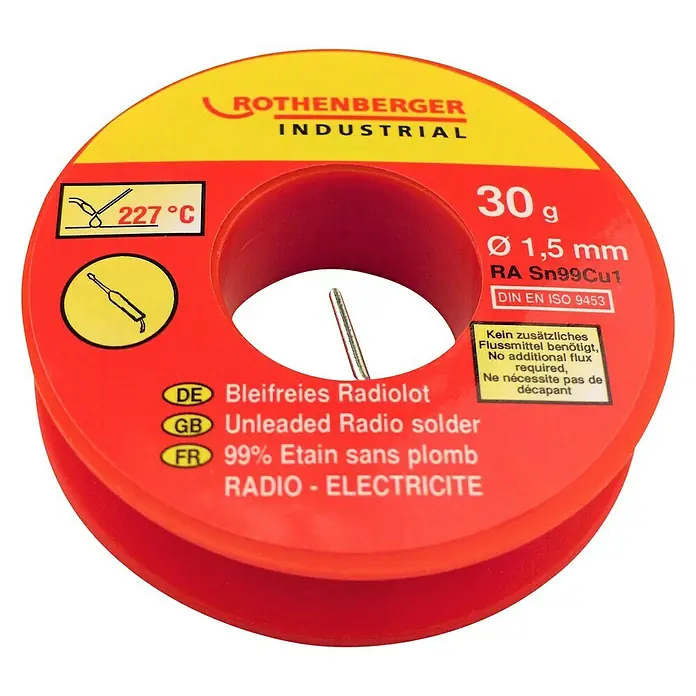 Rothenberger Industrial Radiolot - Durchmesser: 1,5 mm, 30 g - Abbildung einer Rolle bleifreies Lötzinn von Rothenberger Industrial, ideal für Radio- und Elektronikanwendungen.