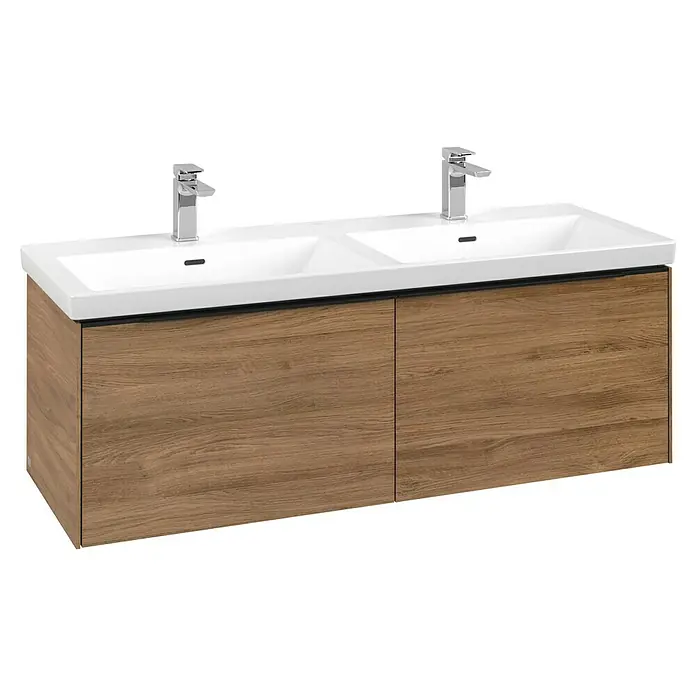 Villeroy & Boch Subway 3.0 Waschbeckenunterschrank - Kansas Oak, Anzahl Schubladen: 2 Stk., Farbe Griff: Volcano Black, B x T x H: 127,2 x 47,8 x 42,9 cm, Ohne Beleuchtung, Geeignet für Doppelwaschtisch - Doppelwaschtisch mit zwei weißen Keramikbecken, Chromarmaturen und einem hellen Holzunterschrank mit zwei Schubladen.