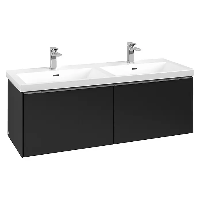 Villeroy & Boch Subway 3.0 Waschbeckenunterschrank - Volcano Black, Anzahl Schubladen: 2 Stk., Farbe Griff: Aluminium glänzend, B x T x H: 127,2 x 47,8 x 42,9 cm, Ohne Beleuchtung, Geeignet für Doppelwaschtisch - Doppelwaschtisch-Unterschrank mit zwei weißen Keramikbecken und Chromarmaturen auf einem dunkelgrauen Schrank.