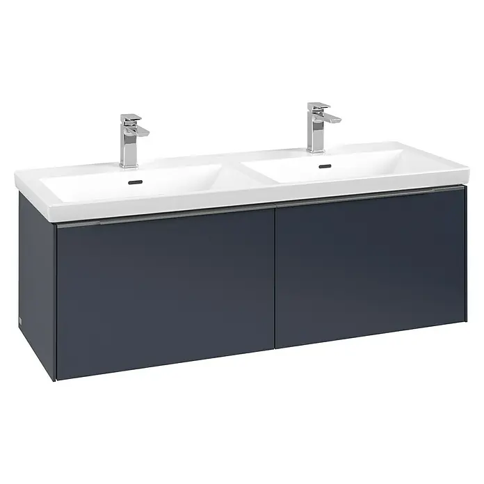 Villeroy & Boch Subway 3.0 Waschbeckenunterschrank - Marine Blue, Anzahl Schubladen: 2 Stk., Farbe Griff: Aluminium glänzend, B x T x H: 127,2 x 47,8 x 42,9 cm, Ohne Beleuchtung, Geeignet für Doppelwaschtisch - Doppelwaschtisch mit zwei weißen Keramikbecken, Chromarmaturen und einem anthrazitfarbenen Unterschrank.