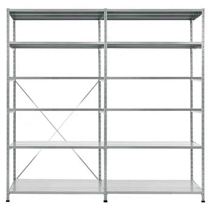 Scholz Metallregal SE - Höhe: 228 cm, B x T: 206 x 60 cm, Traglast pro Boden: 200 kg, Anzahl Böden: 6 Stk., Stecken, Silber - Das Bild zeigt ein freistehendes, graues Metallregal mit mehreren Regalböden und diagonalen Verstrebungen für Stabilität.