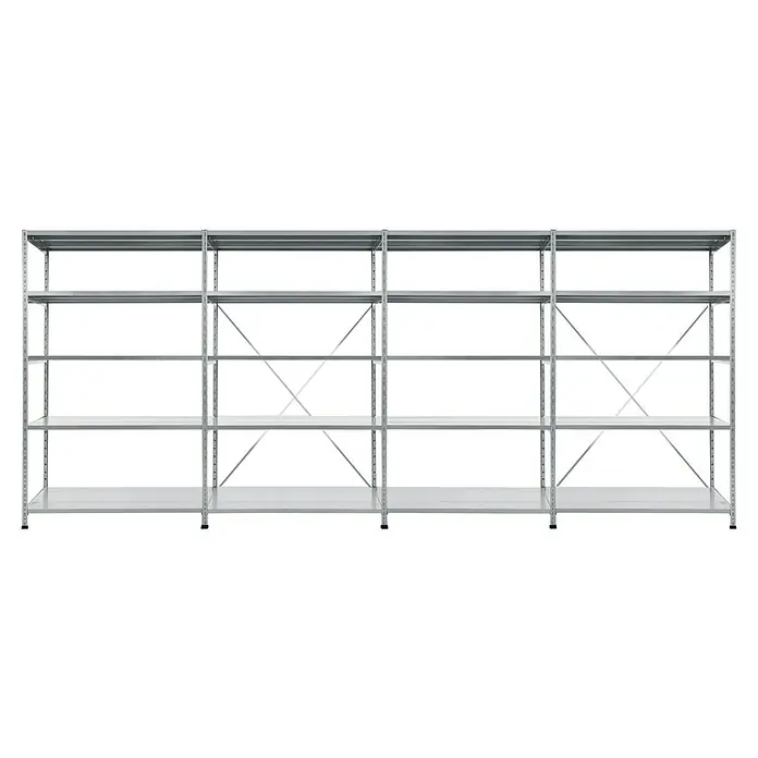 Scholz Metallregal SE - Höhe: 192 cm, B x T: 408 x 40 cm, Traglast pro Boden: 140 kg, Anzahl Böden: 5 Stk., Stecken, Silber - Abbildung eines Metallregalsystems mit vier Ebenen, ideal für Lagerung und Organisation. Das robuste Design bietet Stabilität und Haltbarkeit.