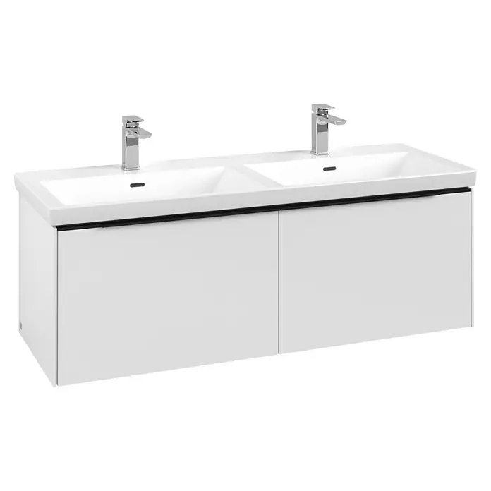 Villeroy & Boch Subway 3.0 Waschbeckenunterschrank - Pure White, Anzahl Schubladen: 2 Stk., Farbe Griff: Volcano Black, B x T x H: 127,2 x 47,8 x 42,9 cm, Ohne Beleuchtung, Geeignet für Doppelwaschtisch - Weißer Doppelwaschtisch mit zwei integrierten Waschbecken und Chromarmaturen.