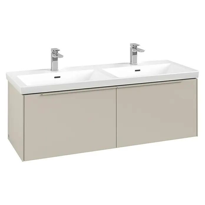 Villeroy & Boch Subway 3.0 Waschbeckenunterschrank - Cashmere Grey, Anzahl Schubladen: 2 Stk., Farbe Griff: Monochrom, B x T x H: 127,2 x 47,8 x 42,9 cm, Ohne Beleuchtung, Geeignet für Doppelwaschtisch - Hellbeige Doppelwaschtisch-Einheit mit zwei weißen Keramikbecken und Chromarmaturen.