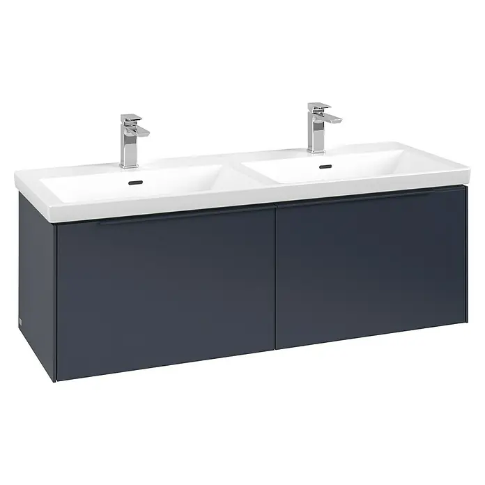 Villeroy & Boch Subway 3.0 Waschbeckenunterschrank - Marine Blue, Anzahl Schubladen: 2 Stk., Farbe Griff: Monochrom, B x T x H: 127,2 x 47,8 x 42,9 cm, Ohne Beleuchtung, Geeignet für Doppelwaschtisch - Wandhängender Doppelwaschtischunterschrank mit anthrazitfarbenem Korpus, zwei weißen Keramikwaschbecken und zwei Chromarmaturen.