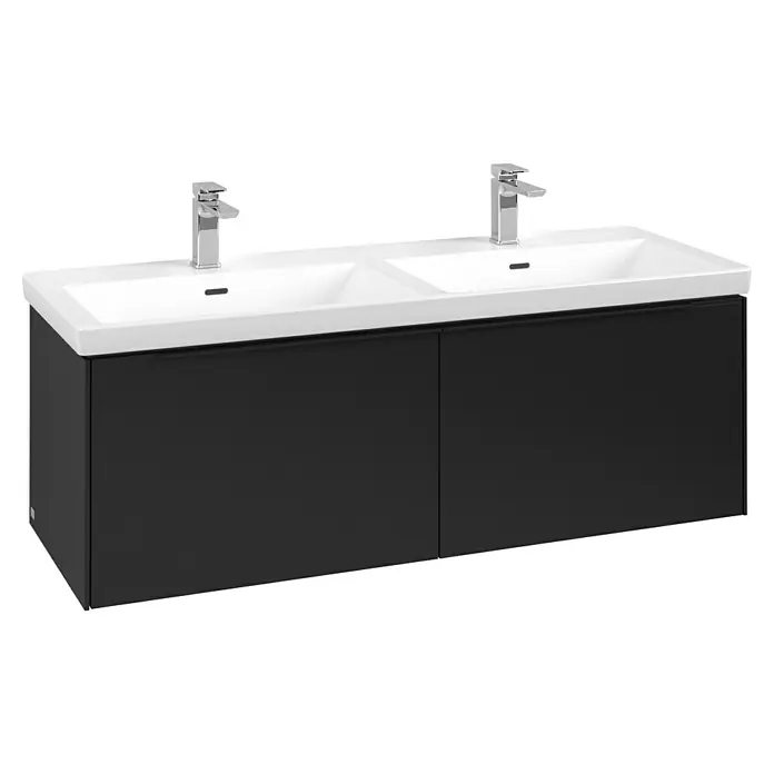 Villeroy & Boch Subway 3.0 Waschbeckenunterschrank - Volcano Black, Anzahl Schubladen: 2 Stk., Farbe Griff: Volcano Black, B x T x H: 127,2 x 47,8 x 42,9 cm, Ohne Beleuchtung, Geeignet für Doppelwaschtisch - Schwarzer Doppelwaschtisch mit zwei weißen Keramikbecken und Chromarmaturen.