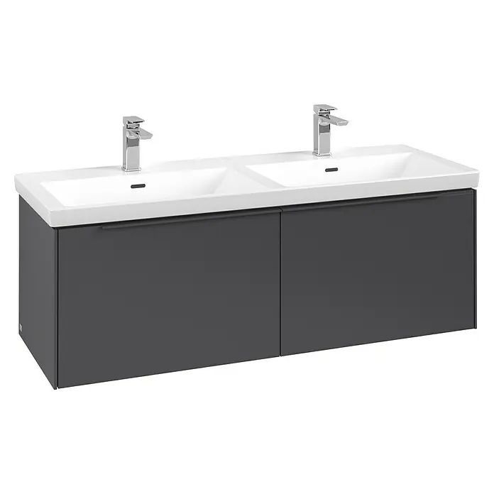 Villeroy & Boch Subway 3.0 Waschbeckenunterschrank - Graphite, Anzahl Schubladen: 2 Stk., Farbe Griff: Monochrom, B x T x H: 127,2 x 47,8 x 42,9 cm, Ohne Beleuchtung, Geeignet für Doppelwaschtisch - Dunkelgrauer Doppelwaschtisch mit zwei weißen Keramikwaschbecken und zwei Chromarmaturen.