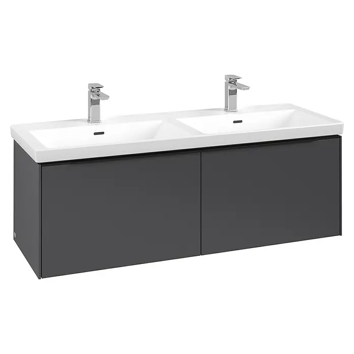 Villeroy & Boch Subway 3.0 Waschbeckenunterschrank - Graphite, Anzahl Schubladen: 2 Stk., Farbe Griff: Volcano Black, B x T x H: 127,2 x 47,8 x 42,9 cm, Ohne Beleuchtung, Geeignet für Doppelwaschtisch - Moderner dunkelgrauer Doppelwaschtisch mit weißen Keramikbecken und zwei Chromarmaturen.