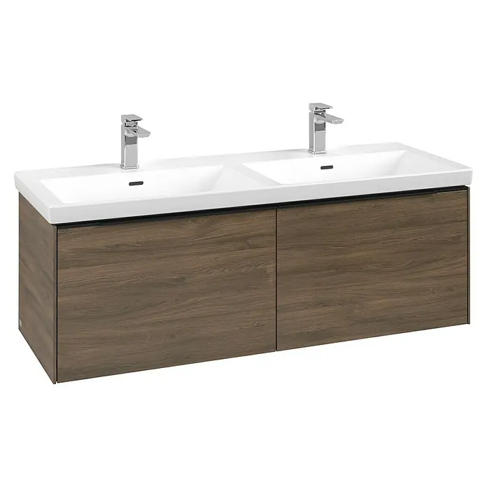 Villeroy & Boch Subway 3.0 Waschbeckenunterschrank - Arizona Oak, Anzahl Schubladen: 2 Stk., Farbe Griff: Volcano Black, B x T x H: 127,2 x 47,8 x 42,9 cm, Ohne Beleuchtung, Geeignet für Doppelwaschtisch - Moderner Doppelwaschtisch mit dunklem Holzunterschrank und weißen Keramikbecken mit Chromarmaturen.