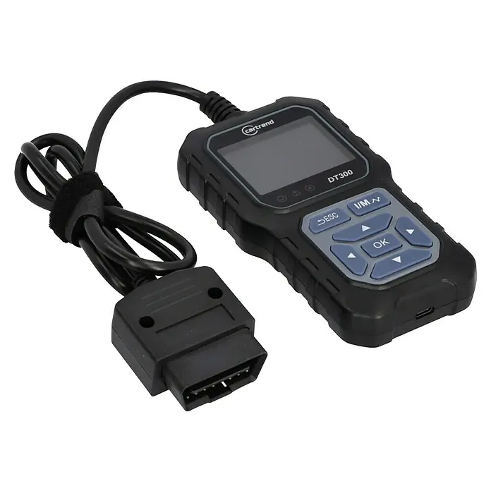 Cartrend Kfz-Diagnosegerät DT300 - Geeignet für: Autos - Schwarzes Cartrend DT300 OBD2-Kfz-Diagnosegerät mit Bildschirm, Bedientasten und angeschlossenem Kabel.
