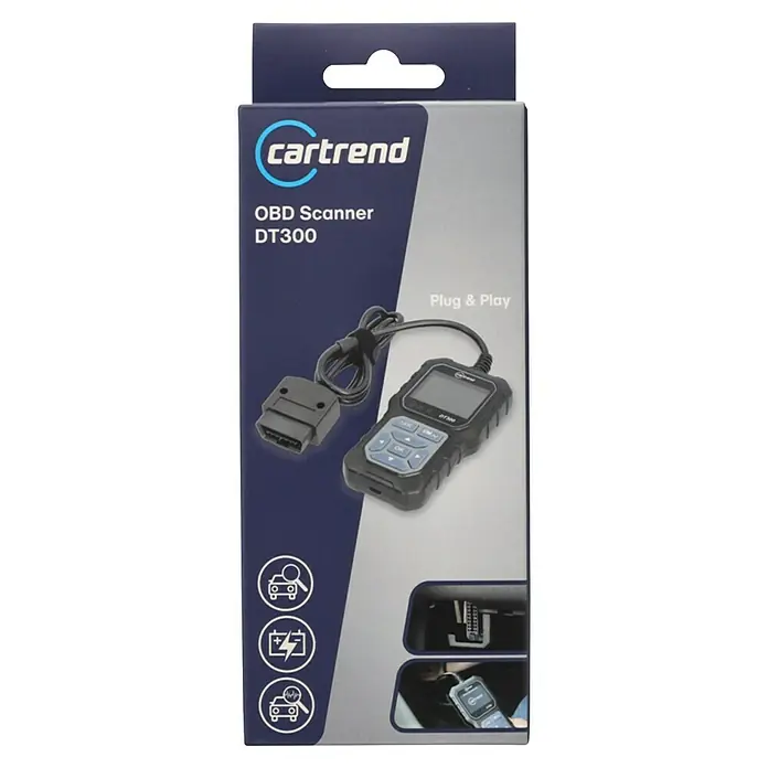 Cartrend Kfz-Diagnosegerät DT300 - Geeignet für: Autos - Produktverpackung des Cartrend OBD Scanner DT300 mit dem schwarzen Diagnosegerät und Stecker, demonstriert für einfache Plug & Play Fahrzeugdiagnose.
