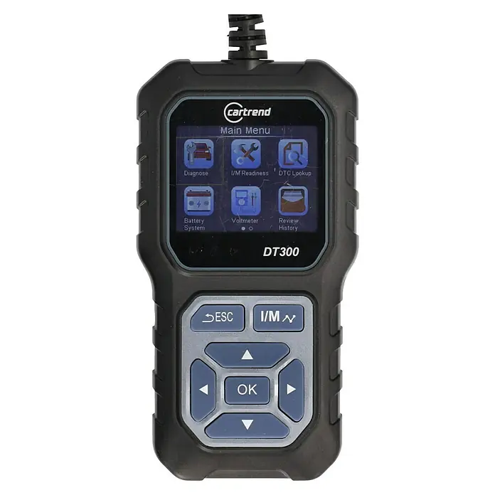 Cartrend Kfz-Diagnosegerät DT300 - Geeignet für: Autos - Schwarzes und graues Kfz-Diagnosetool (OBD2-Scanner) mit Bildschirm, der ein Hauptmenü für Diagnose, Batterie- und Voltmeterfunktionen sowie Bedientasten zeigt.