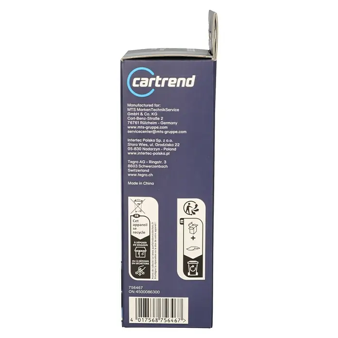 Cartrend Kfz-Diagnosegerät DT300 - Geeignet für: Autos - Dunkelblaue Produktverpackung mit 'cartrend' Logo, Herstellerangaben und Recyclingsymbolen.