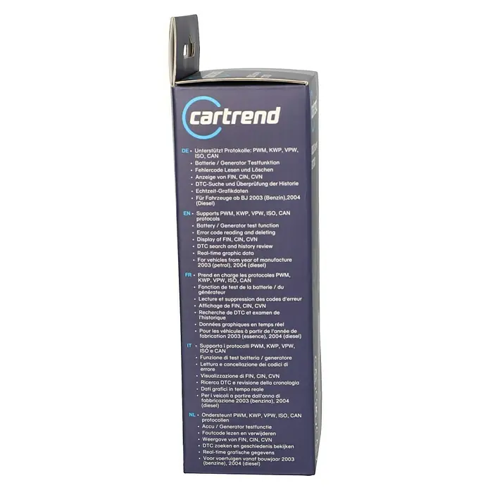 Cartrend Kfz-Diagnosegerät DT300 - Geeignet für: Autos - Dunkelblaue cartrend Produktverpackung für ein OBD-Diagnosetool, das Fahrzeugprotokolle unterstützt und Fehlercodes ausliest.