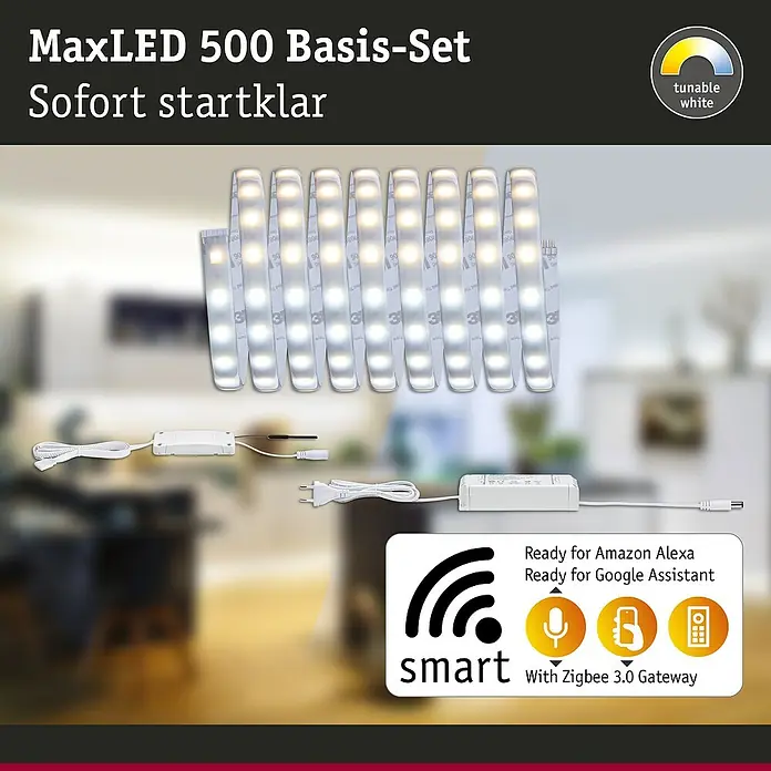 Paulmann MaxLED 500 LED-Band-Set Basisset Zigbee - 300 cm, Warmweiß, 20 W, 1.530 lm, 230 V - 240 V - MaxLED 500 Basis-Set: Mehrere weiße, abstimmbare LED-Streifen, Netzteil und Smart-Control-Einheit für Alexa/Google Assistant/Zigbee 3.0.