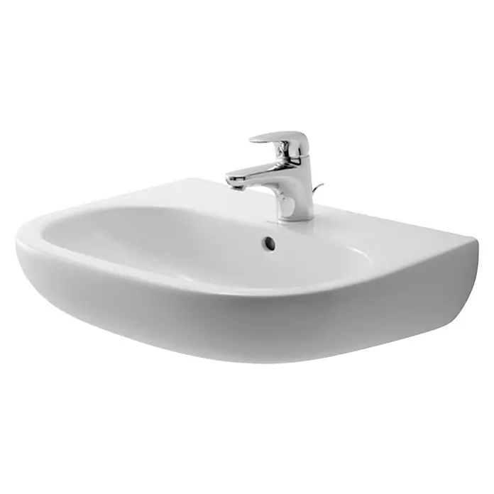 Duravit D-Code Waschtisch - 55 x 43 cm, Ohne Spezialglasur, Hahnloch: Mitte, Mit Überlauf, Weiß - Ein modernes, weißes Waschbecken mit einem glänzenden Chrom-Wasserhahn, ideal für jedes Badezimmer. Elegantes Design für stilvolle Raumatmosphäre.