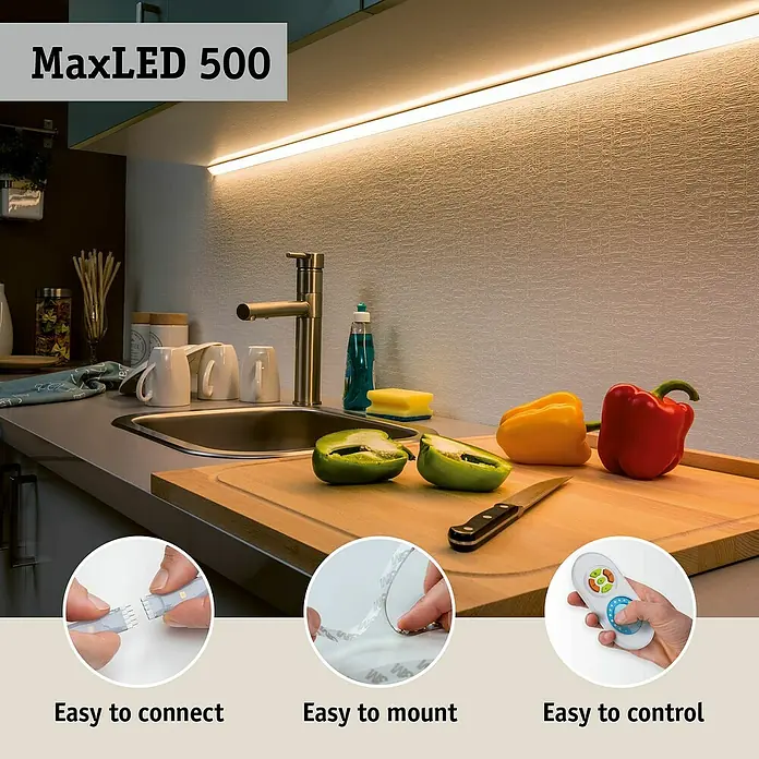 Paulmann MaxLED 500 LED-Band-Set Basisset Zigbee - 500 cm, Warmweiß, 29 W, 2.550 lm, 230 V - 240 V - Warmweiße LED-Lichtleiste unter Küchenschränken beleuchtet eine Arbeitsplatte. Einfache Installation und Steuerung durch Einblendungen hervorgehoben.