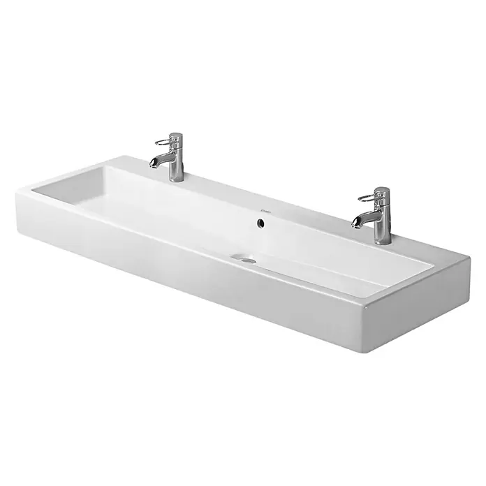 Duravit Vero Doppelwaschtisch - 120 x 47 cm, Ohne Spezialglasur, Hahnloch: Mitte, Mit Überlauf, Weiß, Ungeschliffen - Das Bild zeigt ein stilvolles, rechteckiges Aufsatzwaschbecken mit zwei Armaturen, das durch sein modernes Design besticht.