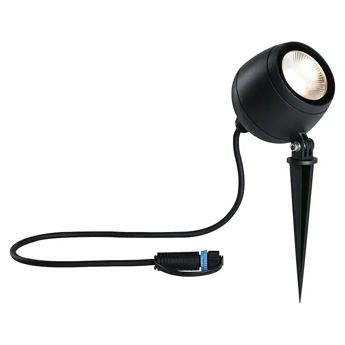 Paulmann Plug & Shine LED-Gartenspot Kikolo - 7,2 W, IP65, Warmweiß, Anthrazit, Abstrahlwinkel: 60 ° - Nahaufnahme eines schwarzen LED-Gartenstrahlers mit Erdspieß und Kabel. Ausgerichtet für Außenbeleuchtung.