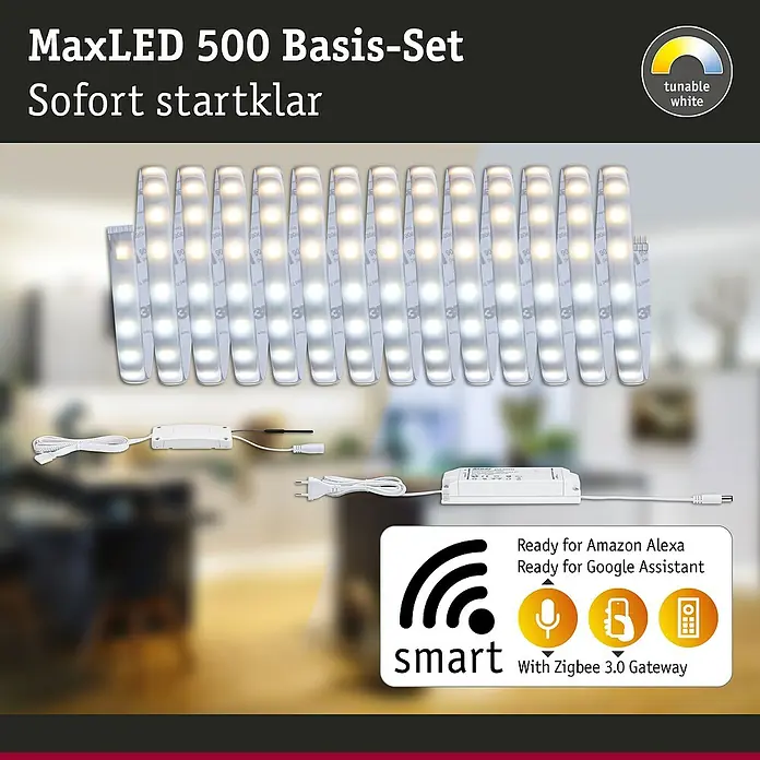 Paulmann MaxLED 500 LED-Band-Set Basisset Zigbee - 500 cm, Warmweiß, 29 W, 2.550 lm, 230 V - 240 V - MaxLED 500 Basis-Set mit anpassbaren weißen LED-Streifen und Smart Home Steuerung, sofort startklar.
