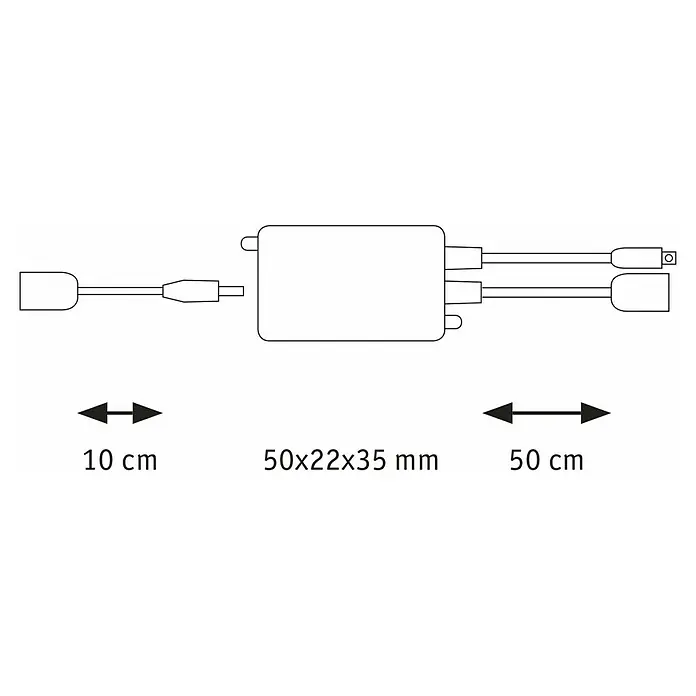Paulmann MaxLED Tunable White Controller - Passend für: MaxLED RGBW - Skizze eines elektronischen Geräts mit Kabeln und Maßangaben: 10 cm, 50x22x35 mm und 50 cm.