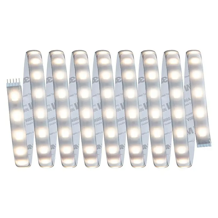 Paulmann MaxLED 500 LED-Band-Set Basisset Zigbee - 300 cm, RGBW, 29 W, 1.050 lm, 230 V - 240 V - Nahaufnahme einer LED-Leiste mit hellem, warmweißem Licht und 3M-Kleberückseite, ideal für stimmungsvolle Beleuchtung und einfache Installation.