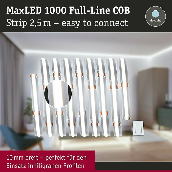 Paulmann MaxLED 1.000 Verlängerungs-Set Full-Line COB - 250 cm, Tageslichtweiß, 30 W, 3.200 lm, 230 V - 240 V - MaxLED 1000 Full-Line COB LED-Streifen, 2,5m, 10mm breit, Tageslicht, in modernem Raum installiert.