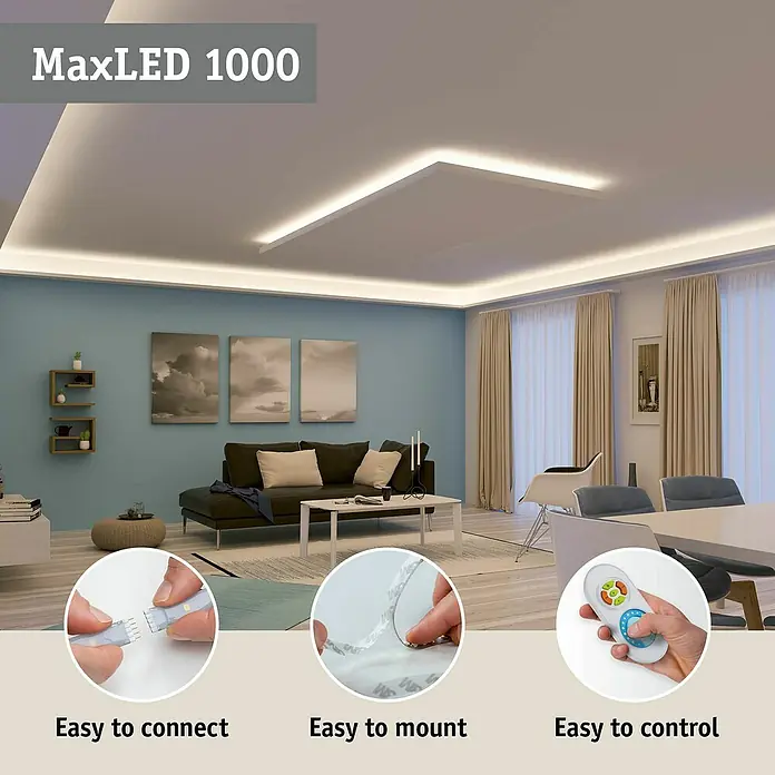 Paulmann MaxLED 1.000 LED-Band-Set Stripe Edge Full-Line COB - 3 cm, Warmweiß, 0,6 W, 54 lm, 230 V - 240 V - MaxLED 1000 LED-Streifen für einfache Verbindung, Montage und Steuerung mit Fernbedienung. Stimmungsvolle Raumbeleuchtung.