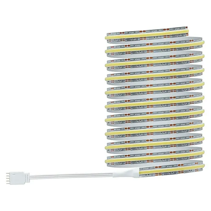 Paulmann MaxLED 1.000 Basis-Set Full-Line COB - 300 cm, 31 W, Mehrfarbig, 3.600 lm - Eine Nahaufnahme eines Stapels von LED-Lichtleisten mit gelbem Lichtband auf einem schwarzen Hintergrund.