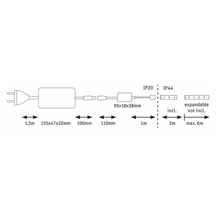 Paulmann MaxLED 500 LED-Band-Set Basisset Zigbee - 300 cm, RGBW, 29 W, 1.050 lm, 230 V - 240 V - Schematische Darstellung einer LED-Lichterkette mit Angaben zu Länge, Maßen der Bauteile und Schutzart.