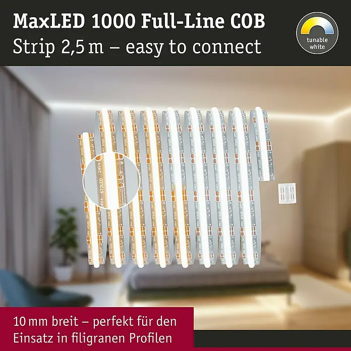 Paulmann MaxLED 1.000 Verlängerungs-Set Full-Line COB - 250 cm, Mehrfarbig, 23,5 W, 3.000 lm, 230 V - 240 V - Produktbild des MaxLED 1000 Full-Line COB Strip mit 2,5 m Länge, der einfach anzuschließen und 10 mm breit ist.