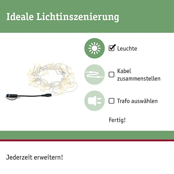 Paulmann Plug & Shine LED-Lichterkette - Außen, Lichtfarbe: Warmweiß, Anzahl Leuchtmittel: 72 Stk., Länge: 7,5 m - Warme weiße Kugel-LED-Lichterkette, ein schwarzes Verbindungskabel und ein Diagramm zur Einrichtung eines modularen Beleuchtungssystems.