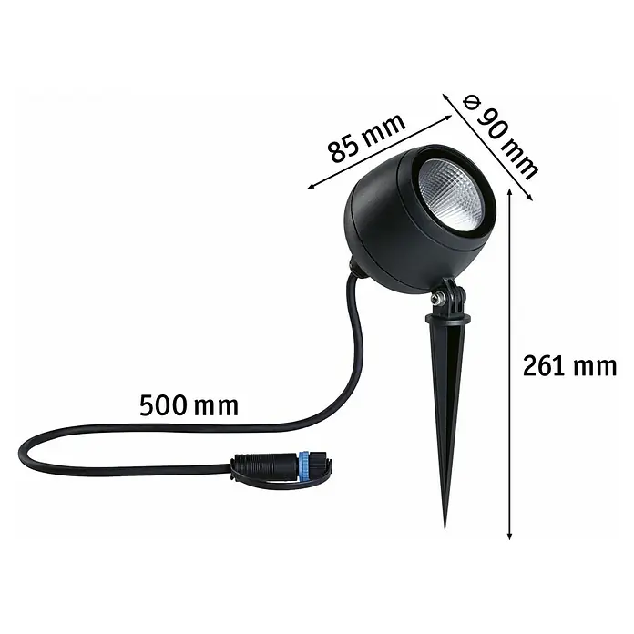 Paulmann Plug & Shine LED-Gartenspot Kikolo - 7,2 W, IP65, Warmweiß, Anthrazit, Abstrahlwinkel: 20 ° - Abbildung einer schwarzen Gartenleuchte mit Erdspieß und den Maßen: 85mm Breite, 90mm Durchmesser, 261mm Höhe und 500mm Kabellänge.