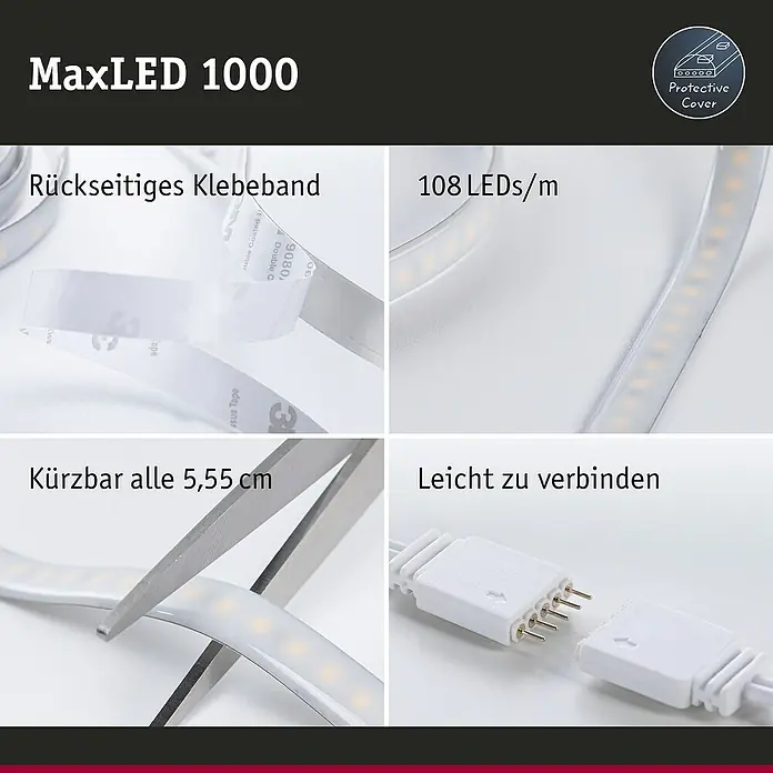 Paulmann MaxLED 1.000 LED-Band Stripe - 250 cm, Mehrfarbig, 27 W, 2.550 lm, 230 V - 240 V - MaxLED 1000 LED-Streifen Details: Rückseitiges Klebeband, 108 LEDs/m, kürzbar alle 5,55 cm, leicht zu verbinden, Schutzabdeckung.