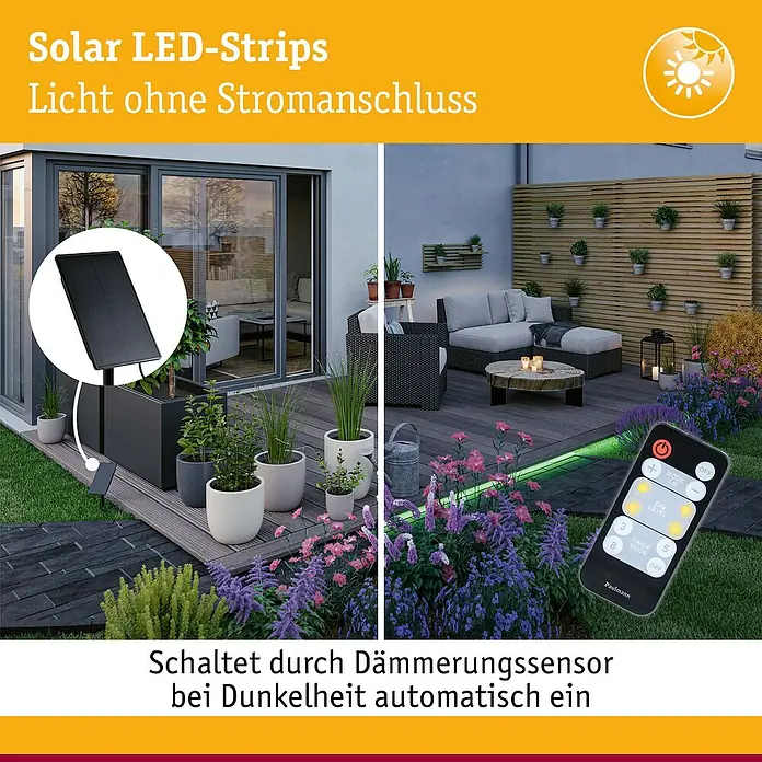 Paulmann LED-Band-Set Stripe Solar - 10 m, RGB, 3,8 W, 300 lm, 5 V - Solar LED-Streifen für den Außenbereich, die bei Dämmerung automatisch einschalten. Mit Fernbedienung zur Steuerung von Modi und Helligkeit.