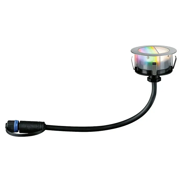 Paulmann Plug & Shine Bodeneinbauleuchte Floor - 2 W, Edelstahl, Ø x H: 7 x 3 cm - Nahaufnahme einer LED-Leuchte mit Kabel und Stecker, ideal für Außenbereiche.